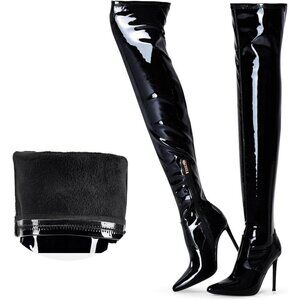 Women Black Patent Wools Lining Pointed Toe 4.3 inch Stilettos Thigh High Boots